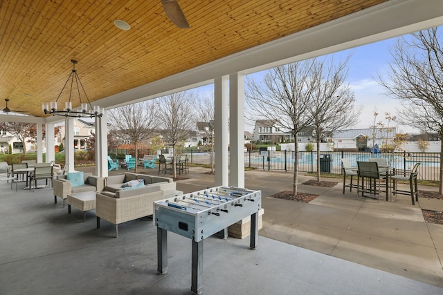 view of patio / terrace featuring ceiling fan and an outdoor hangout area