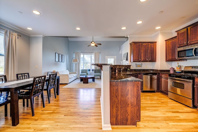 kitchen with ceiling fan, dark stone countertops, ornamental molding, light hardwood / wood-style floors, and stainless steel appliances