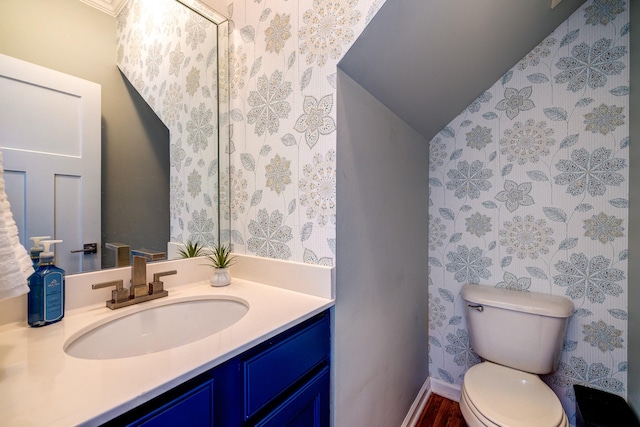 bathroom with toilet, hardwood / wood-style floors, vanity, and vaulted ceiling