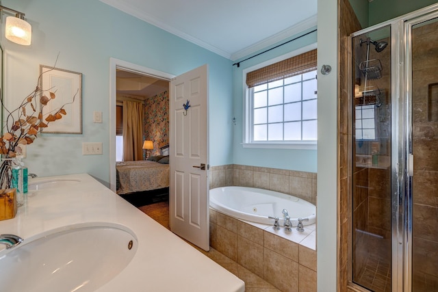 bathroom with crown molding, vanity, and shower with separate bathtub