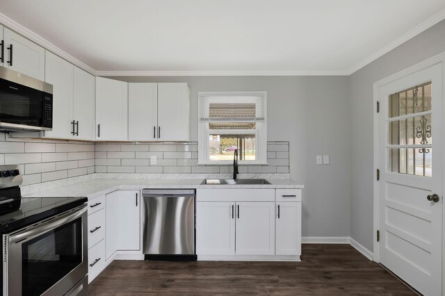 kitchen featuring white cabinetry, sink, dark hardwood / wood-style floors, and appliances with stainless steel finishes