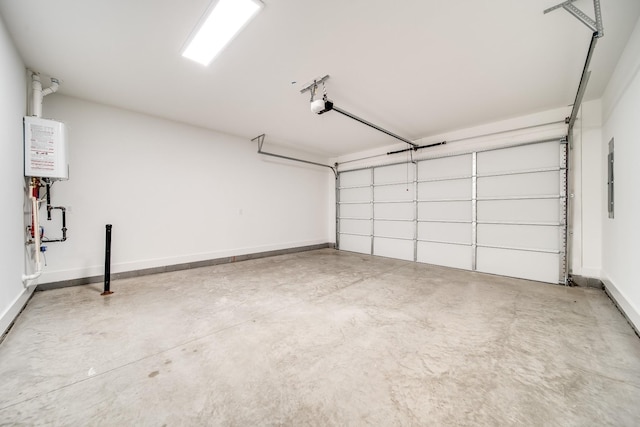 garage featuring water heater and a garage door opener