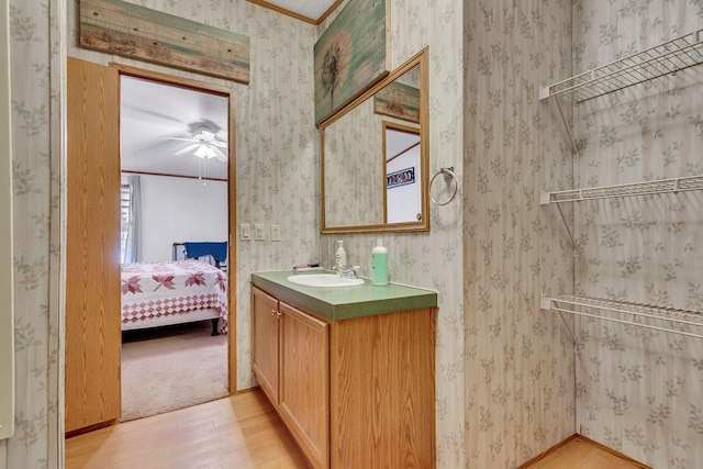 bathroom featuring hardwood / wood-style floors, vanity, and ornamental molding