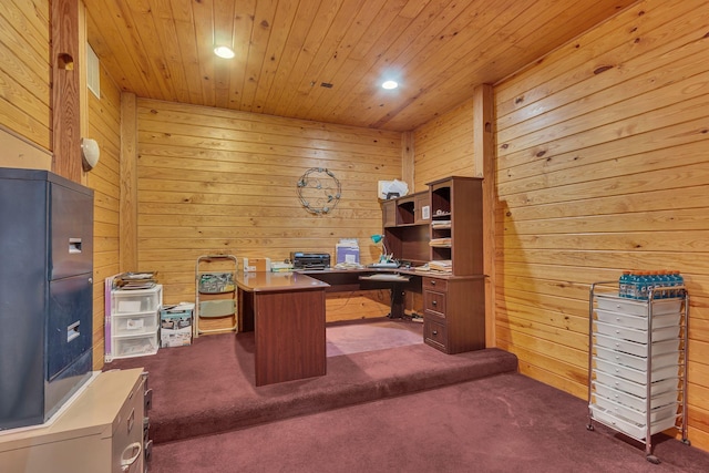 office area featuring wooden walls, wood ceiling, and dark colored carpet