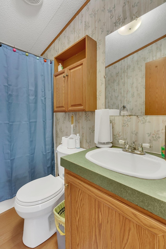 bathroom featuring ornamental molding, vanity, a textured ceiling, hardwood / wood-style floors, and toilet