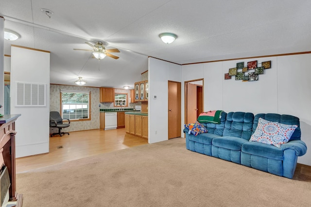 living room featuring lofted ceiling, crown molding, ceiling fan, light wood-type flooring, and a textured ceiling