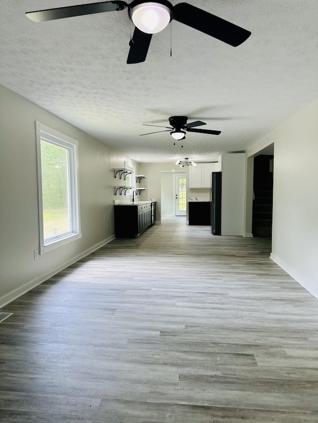 unfurnished living room with light hardwood / wood-style floors, sink, and a textured ceiling