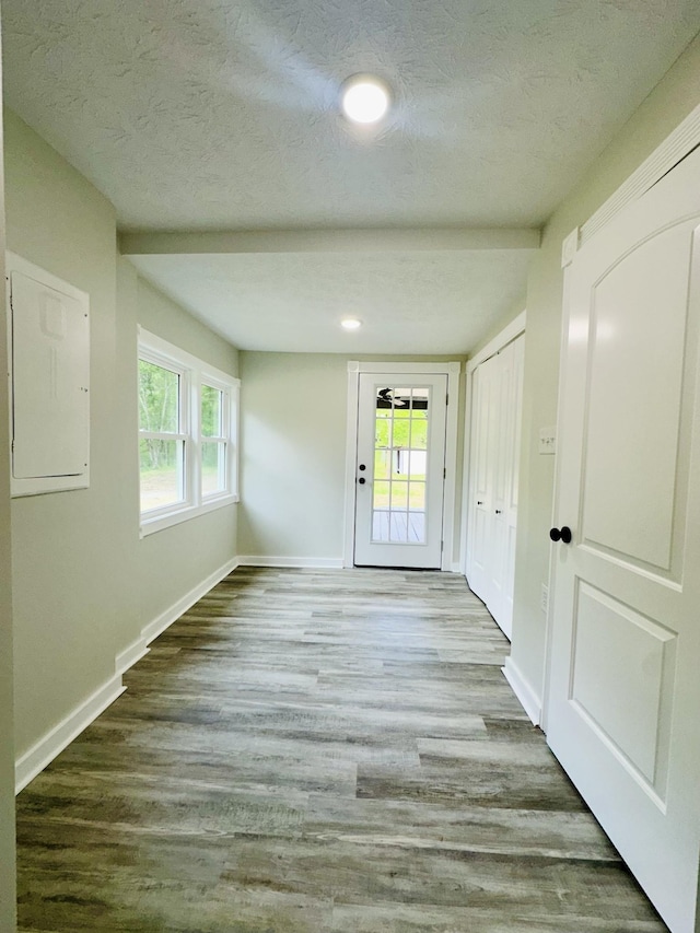 interior space with hardwood / wood-style floors, a textured ceiling, and electric panel