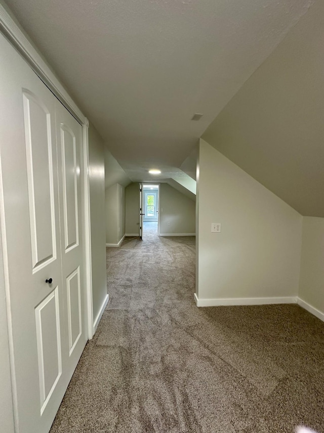 additional living space featuring light colored carpet and lofted ceiling