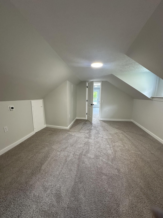 additional living space with carpet flooring, a textured ceiling, and vaulted ceiling