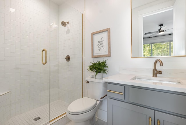 bathroom featuring ceiling fan, vanity, a shower with shower door, and toilet