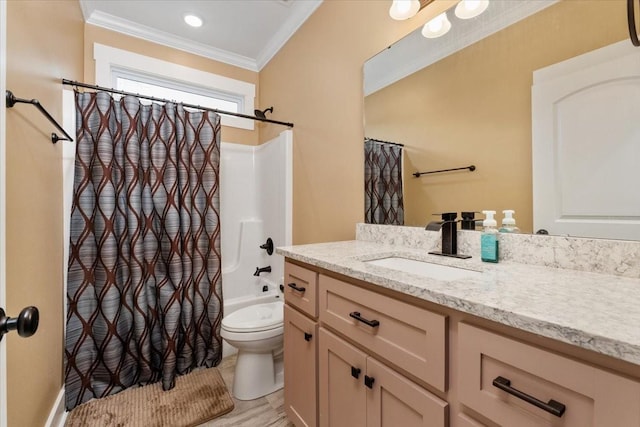 full bathroom with vanity, toilet, crown molding, and shower / tub combo with curtain