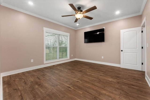 unfurnished room with ceiling fan, dark hardwood / wood-style flooring, and ornamental molding