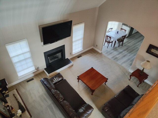 living room with a wealth of natural light, wood-type flooring, and lofted ceiling