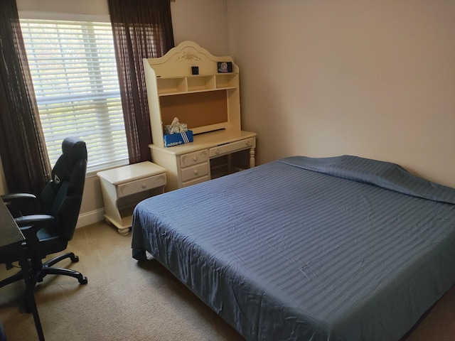 bedroom with light carpet