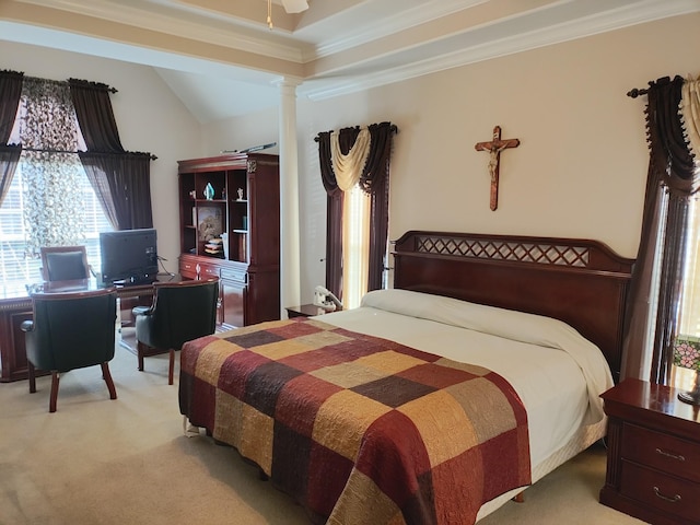 bedroom with decorative columns, crown molding, and carpet floors