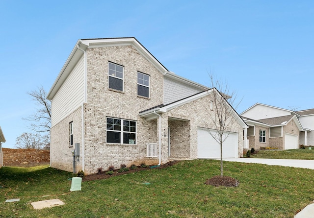 view of property with a garage and a front lawn