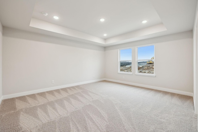 carpeted empty room with a raised ceiling