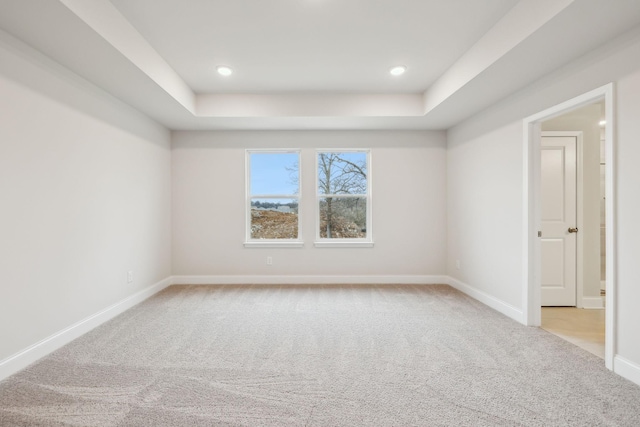 unfurnished room with a raised ceiling and light colored carpet