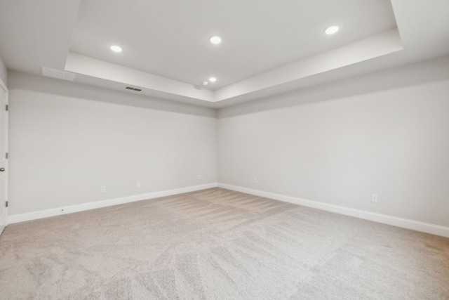 empty room featuring carpet floors and a raised ceiling