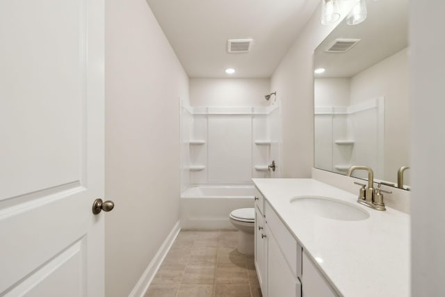 full bathroom featuring shower / tub combination, vanity, and toilet