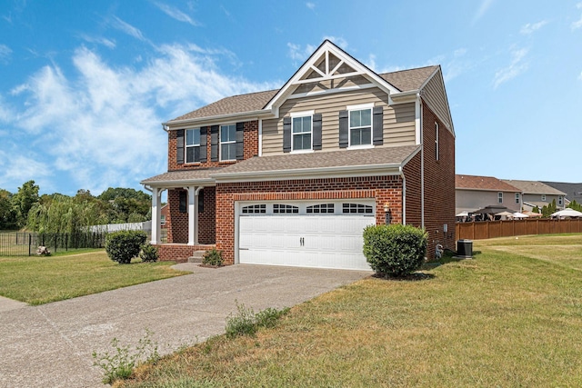 craftsman-style home featuring central AC, a garage, and a front lawn