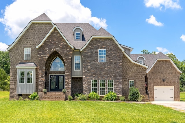 view of front of house featuring a front yard and a garage