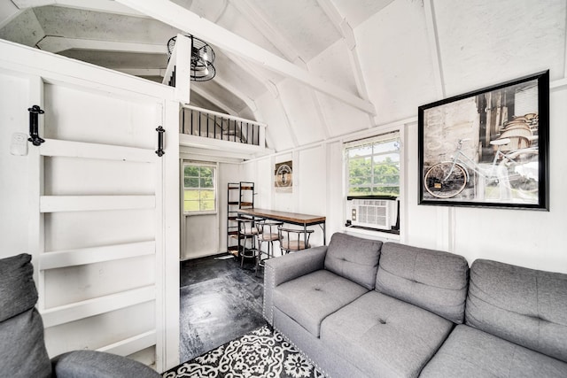 living room with lofted ceiling with beams, hardwood / wood-style flooring, a wealth of natural light, and cooling unit