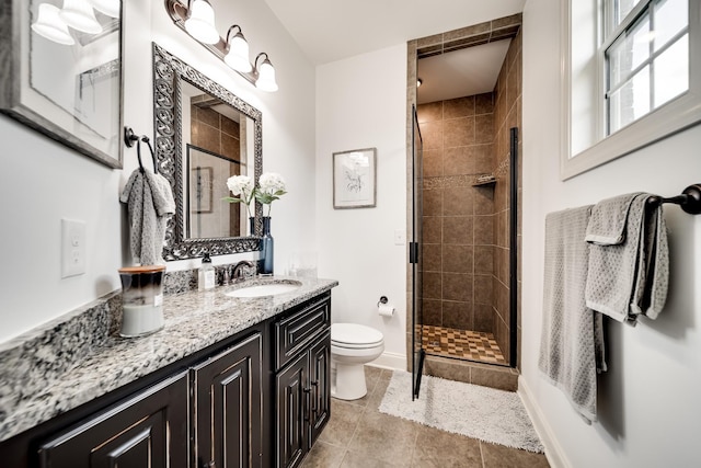 bathroom featuring tile patterned floors, vanity, toilet, and walk in shower