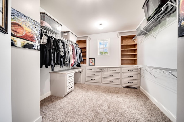 spacious closet featuring light colored carpet