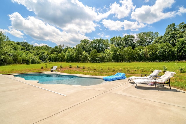 view of pool with a yard and a patio