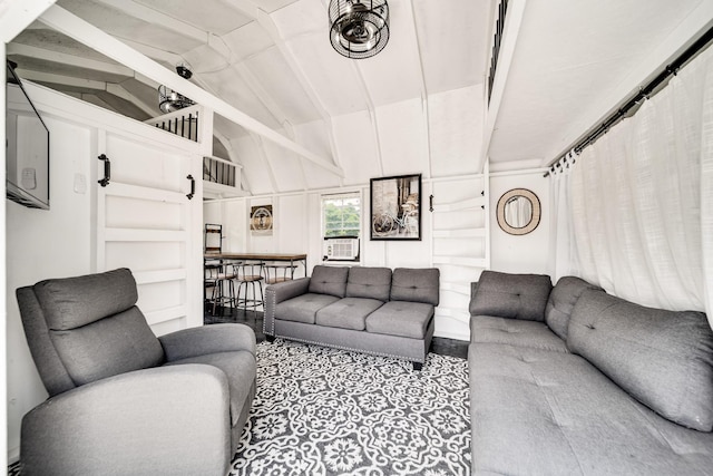 living room with cooling unit and vaulted ceiling