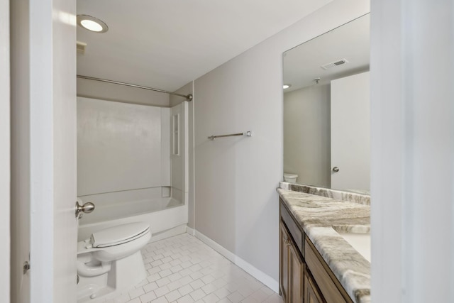 full bathroom with tile patterned floors, vanity, toilet, and shower / washtub combination