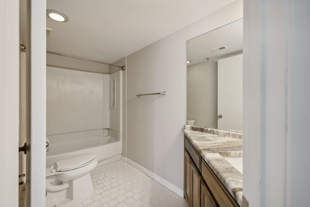 full bathroom with toilet, vanity, shower / bath combination, and tile patterned floors