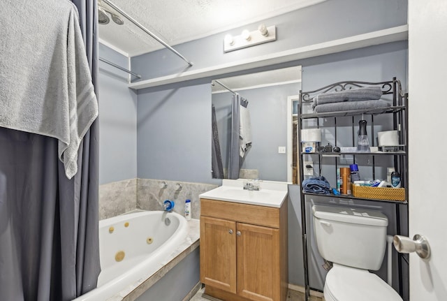 full bathroom featuring vanity, a textured ceiling, toilet, and independent shower and bath