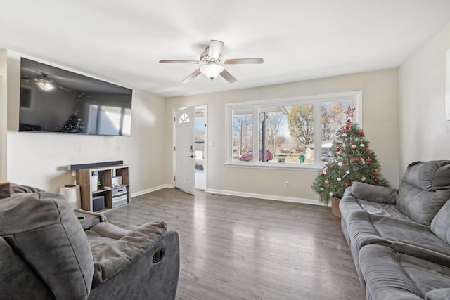 living room with hardwood / wood-style floors and ceiling fan