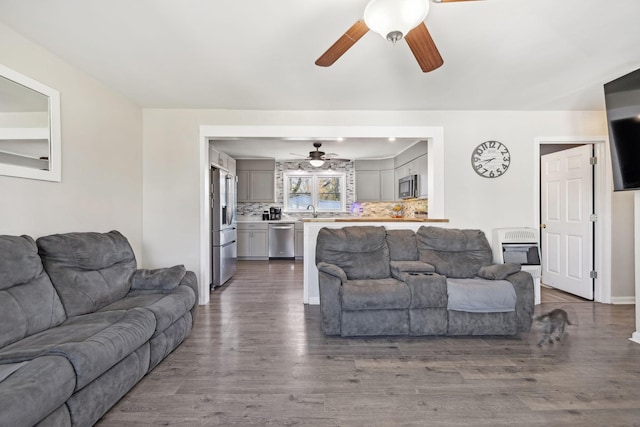 living room featuring heating unit, sink, and dark wood-type flooring