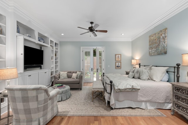 bedroom featuring ceiling fan, crown molding, access to outside, and light hardwood / wood-style flooring