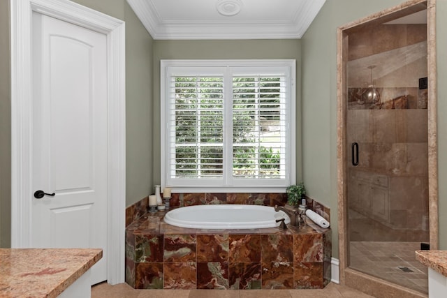 bathroom with separate shower and tub and crown molding