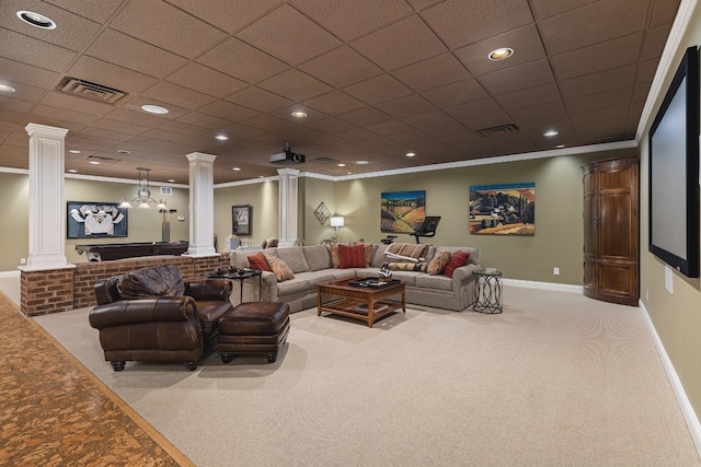 living room featuring light carpet, ornate columns, ornamental molding, and billiards