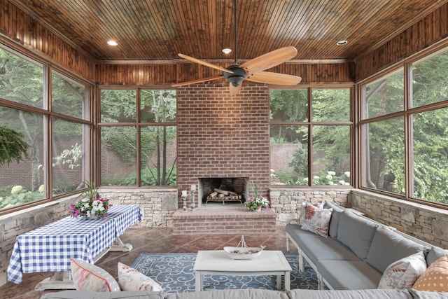 sunroom / solarium featuring wood ceiling, ceiling fan, and a healthy amount of sunlight