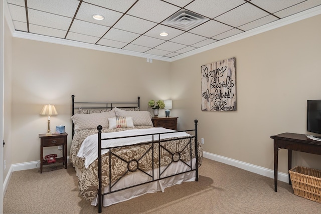 bedroom featuring carpet flooring and crown molding