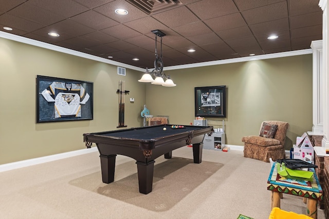 game room with carpet flooring, ornamental molding, and pool table