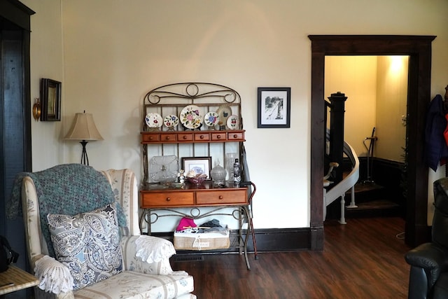 sitting room featuring dark wood-type flooring