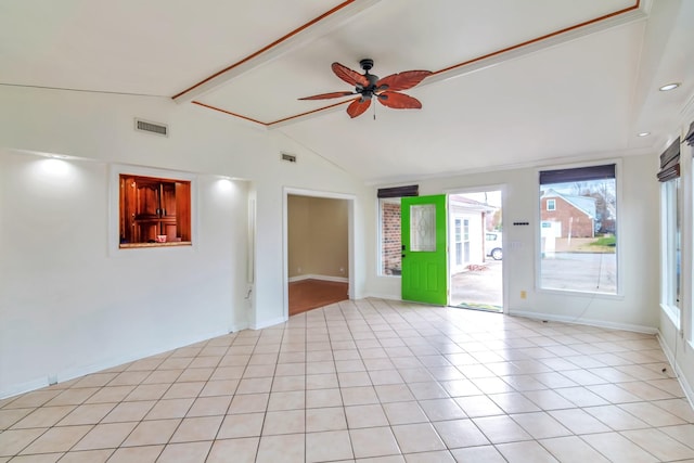 tiled spare room with vaulted ceiling with beams and ceiling fan