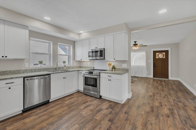 kitchen featuring white cabinets, dark hardwood / wood-style flooring, sink, and stainless steel appliances