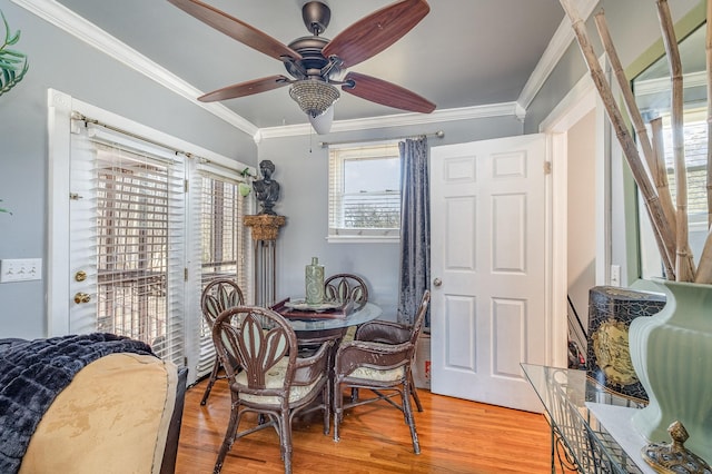 dining area with hardwood / wood-style flooring, ornamental molding, and ceiling fan