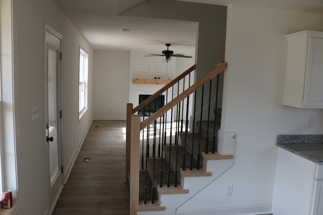 stairs featuring hardwood / wood-style floors and ceiling fan