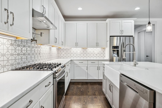 kitchen with dark hardwood / wood-style floors, white cabinetry, stainless steel appliances, and exhaust hood