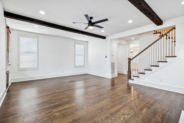 unfurnished living room featuring beamed ceiling, ceiling fan, and dark wood-type flooring